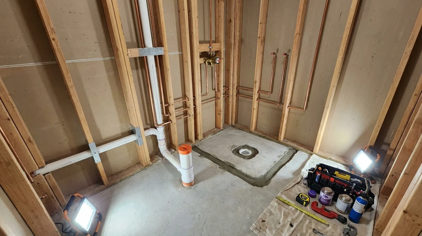 Bathroom rough-in plumbing during remodel by Johns Plumbing LLC in Fultondale