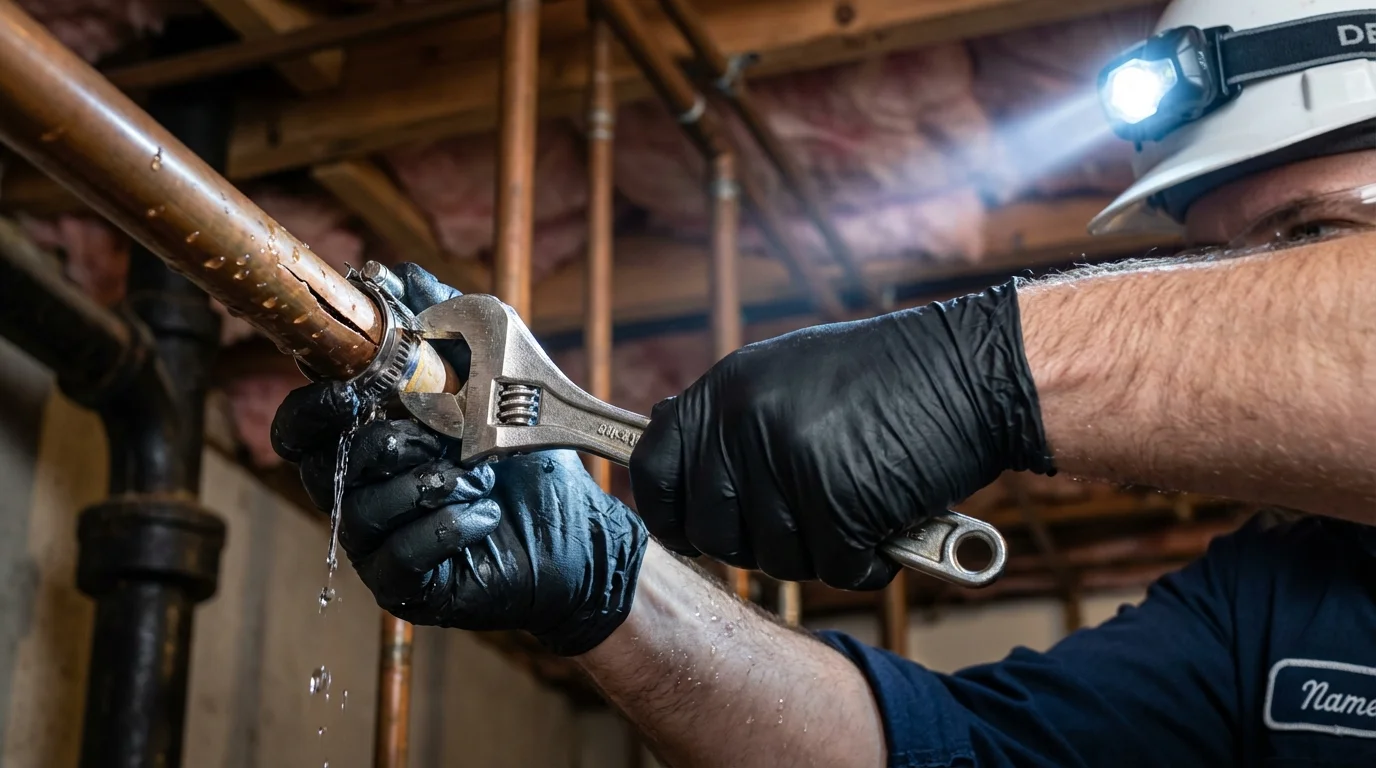 Emergency pipe clamp repair being performed by a Johns Plumbing LLC plumber in Fultondale